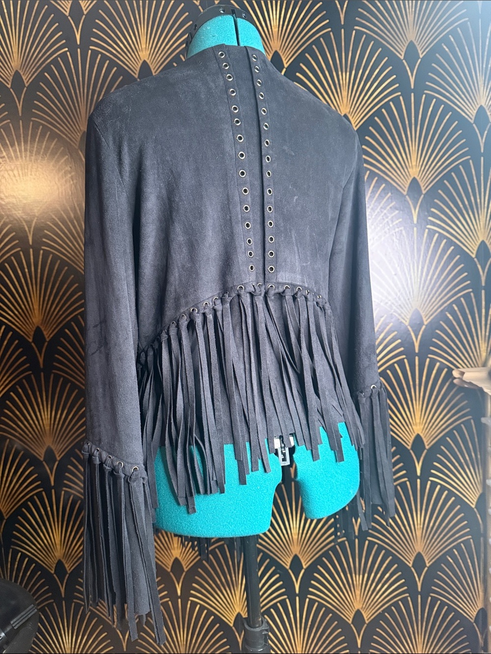 Black Faux Suede Grommet Fringe Open-Front Jacket - Picture 2 of 11